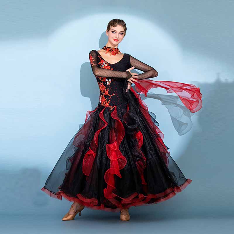 Women's Long Sleeve Lace Diamond Waltz Ballroom Dance Competition Modern Dance Large Swing Dress