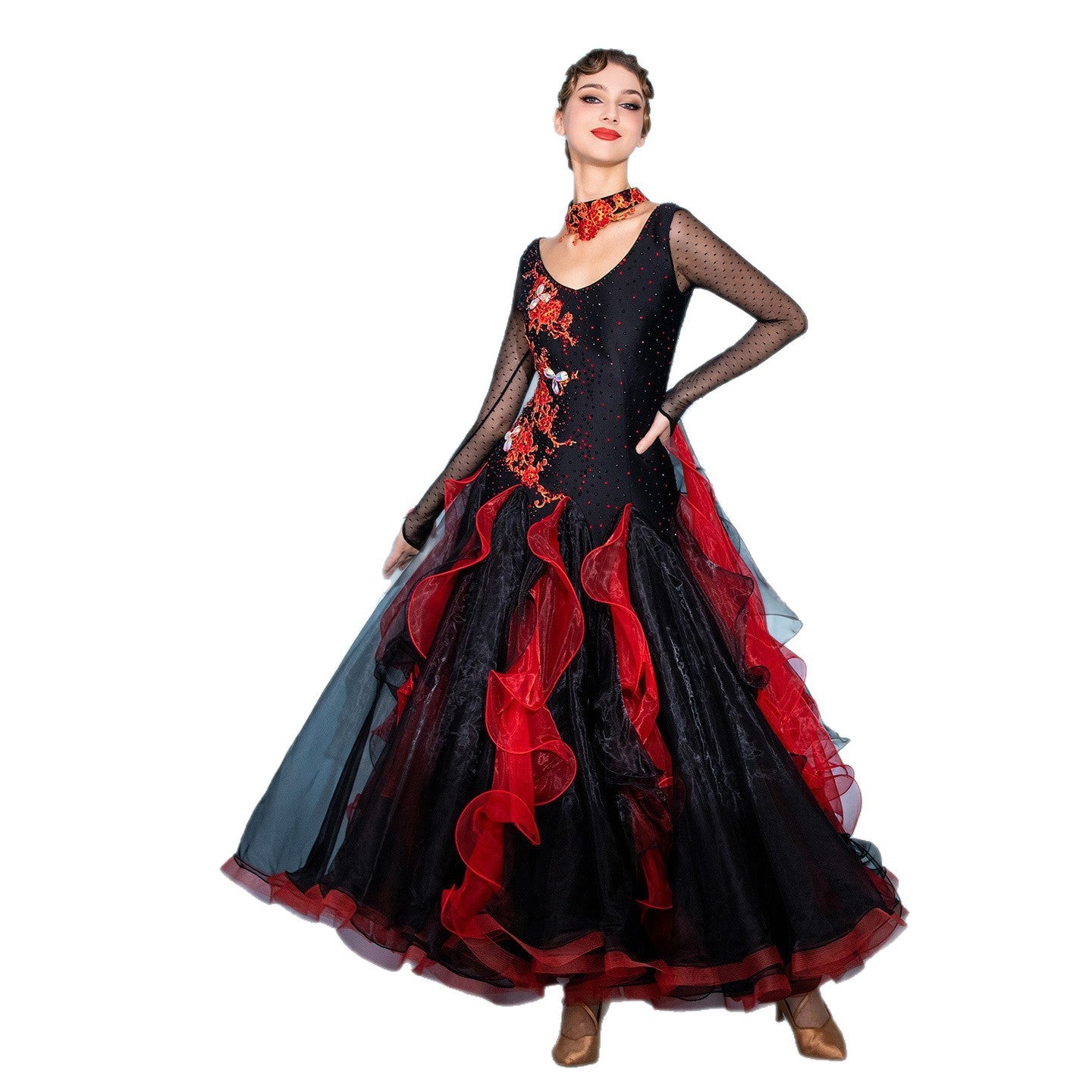 Women's Long Sleeve Lace Diamond Waltz Ballroom Dance Competition Modern Dance Large Swing Dress