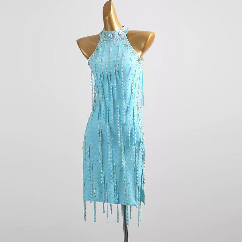 YZY Customisable-Women's Light Blue Sleeveless Tassel DanceWear Dance Dress Performance Wear