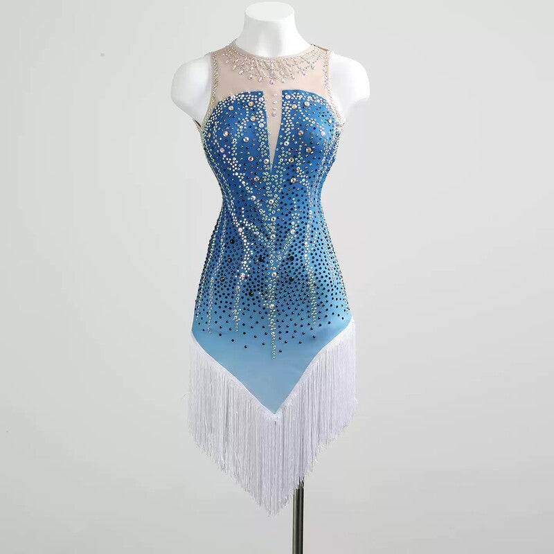 YZY Customisable-Women's Light Blue Sleeveless Tassel DanceWear Dance Dress Performance Wear