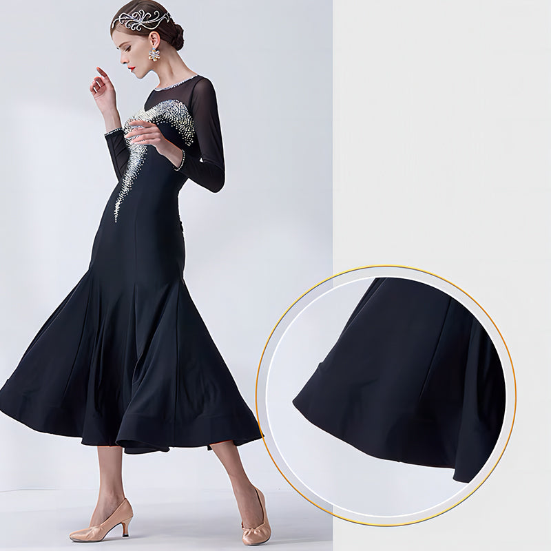 YUN Customisable-Women's Long Sleeve Mesh Diamonds Dress For Ballroom Dancing standard/Smooth Dress