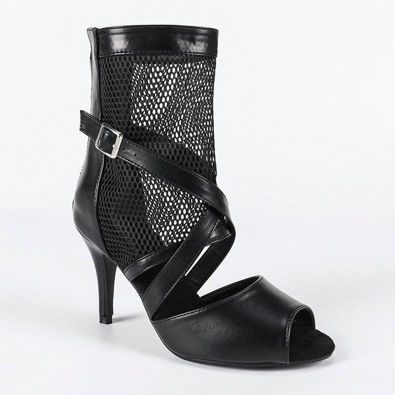 DS Women's Black Leatherette Rubber Sole Customized Heel Heels Dancer Boots Jazz Salsa Dancing Shoes