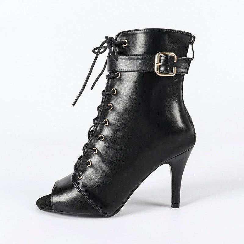 DS Women's Black 7.5cm/10cm Heel Rubber Sole Leatherette Jazz Shoes Open Toe Dance Heels Boots