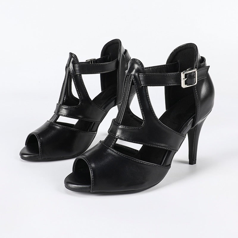DS Women's Black Leatherette Rubber Sole Customized Heel Buckle Salsa Dance Heels Dance Boots Dance Shoes