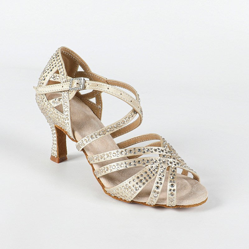 DS Women's Beige Customized Heel Open Toe Strappy Dance Shoes With Crystals