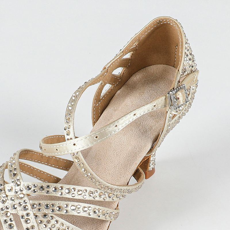 DS Women's Beige Customized Heel Open Toe Strappy Dance Shoes With Crystals