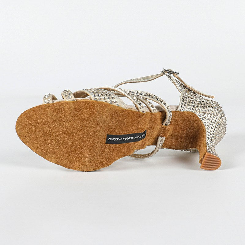 DS Women's Beige Customized Heel Open Toe Strappy Dance Shoes With Crystals