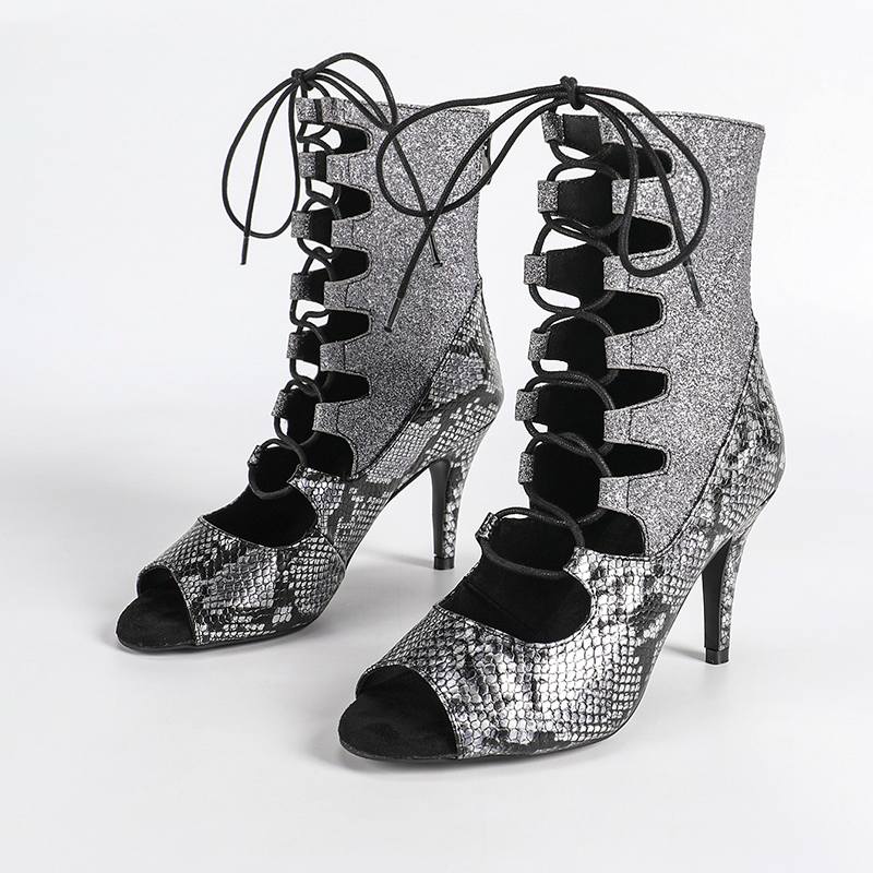 DS Women's Black Sparking Glitter Customized Heel Dance Boots Salsa Jazz Dance Shoes