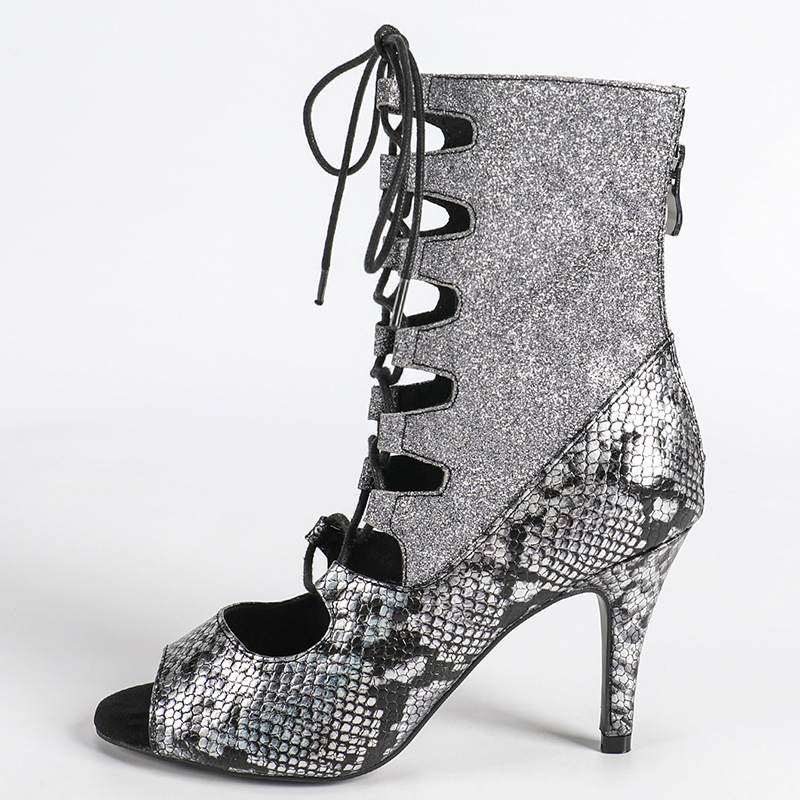 DS Women's Black Sparking Glitter Customized Heel Dance Boots Salsa Jazz Dance Shoes