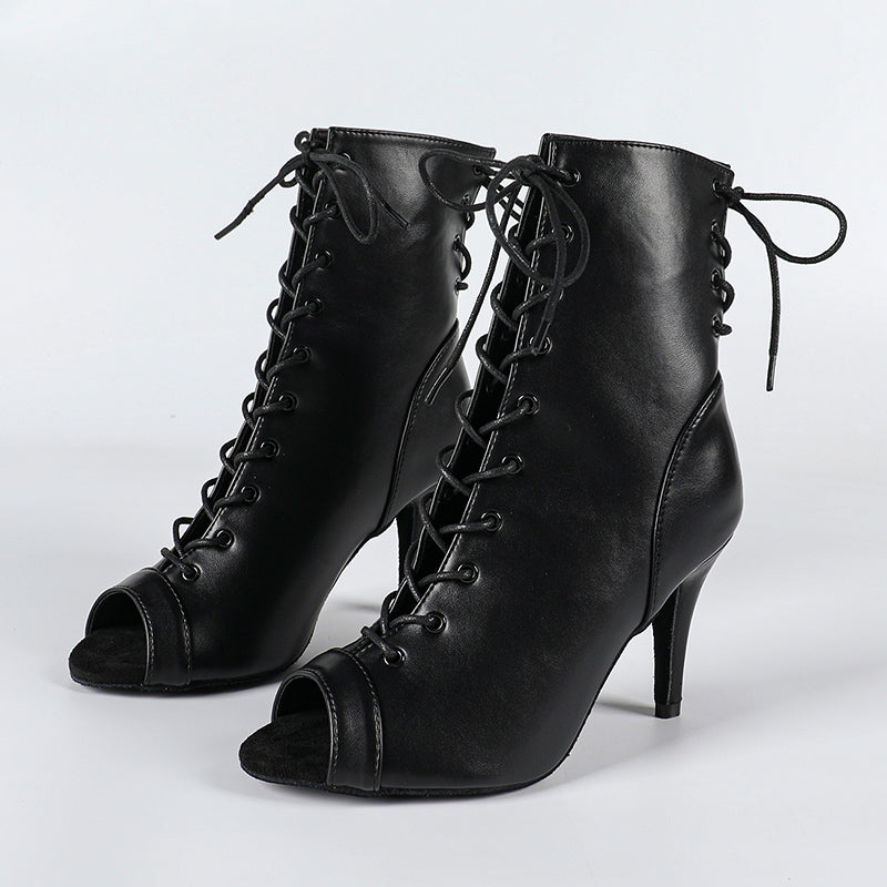 DS Women's Black Suede Sole Customized Heel Jazz Shoes Lace-up Dance Heels Boots