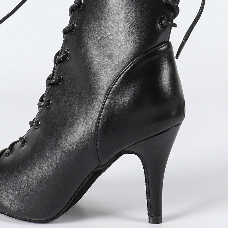 DS Women's Black Suede Sole Customized Heel Jazz Shoes Lace-up Dance Heels Boots