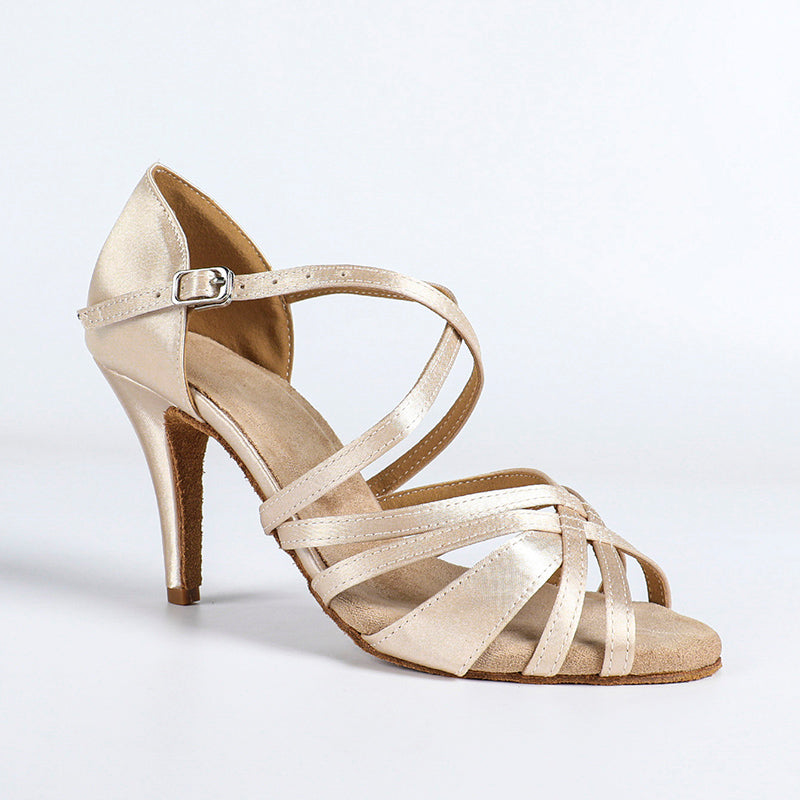 DS Women's Champagne Satin Customized Heel Ballroom Dance Shoes Latin Shoes