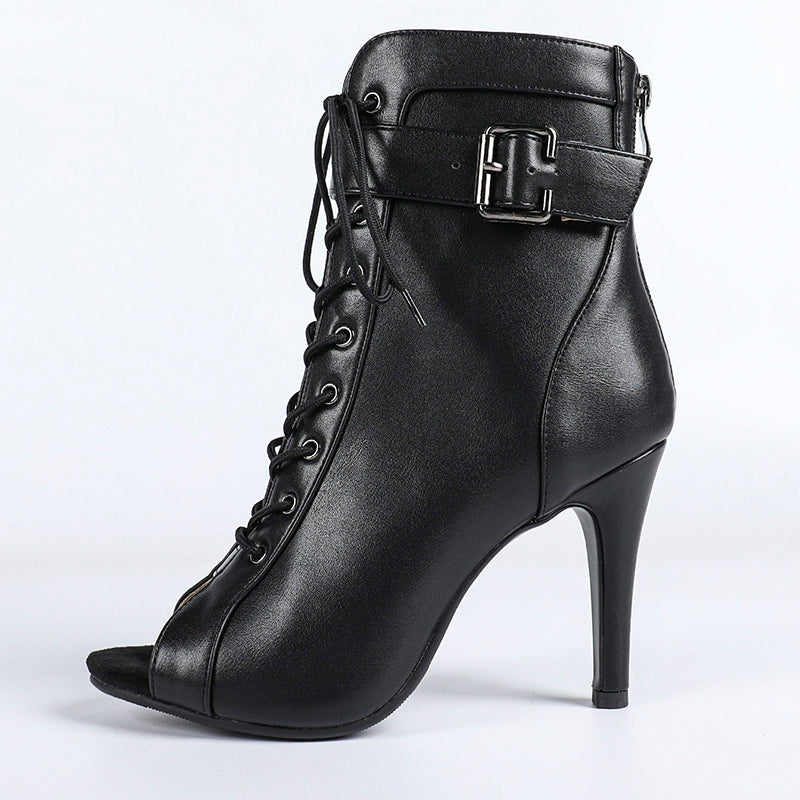 Women's 7.5cm/10cm Slim Heel Leatherette Rubber Sole Peep Toe Lace-up Jazz Shoes Dance Boots