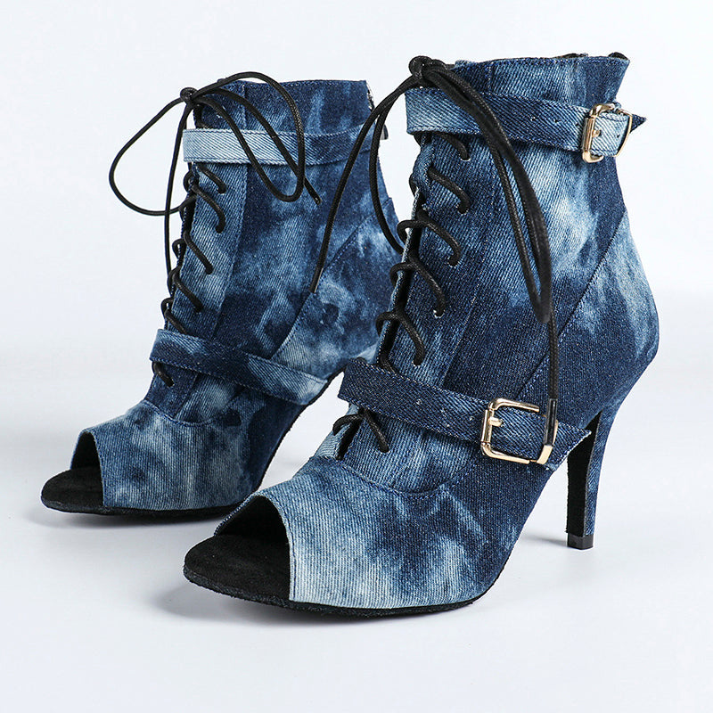 Women's Denim Customized Heel Dance Boots Salsa Jazz Dance Shoes