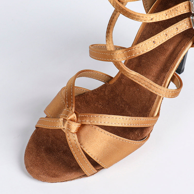 DS Women's Brown Satin Customized Heel Ballroom Dance Shoes Latin Shoes