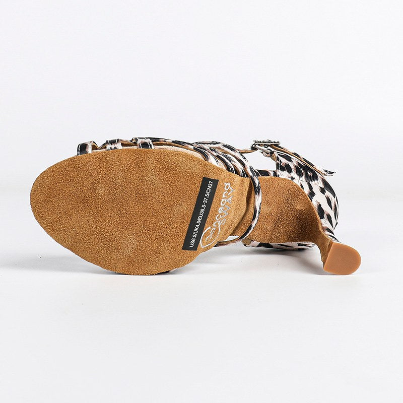 DS Women's Leopard Print Silk Satin Customized Heel Latin Dances Shoes