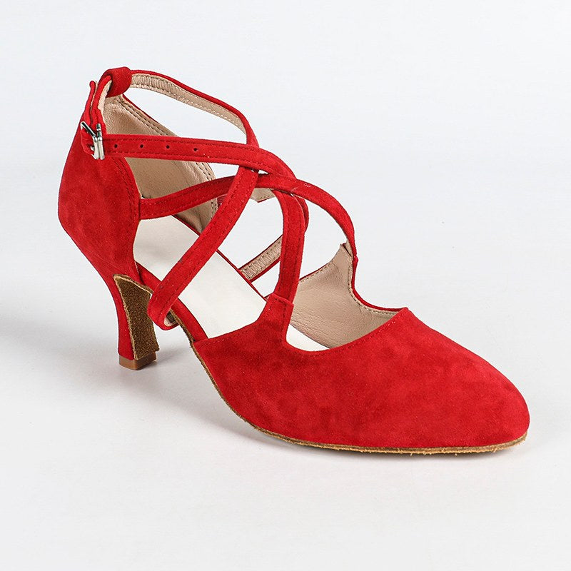 DS Women's Red Velvet Pointed Toe Customized Heel Closed Toe Dance Shoes