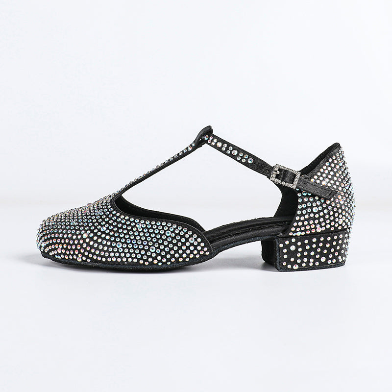 DS Women's T-strap Satin Black Customized Heels Ballroom Dance Shoes Swing Dance Shoes