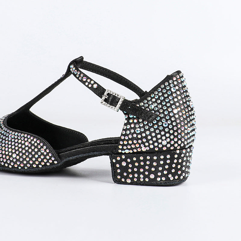 DS Women's T-strap Satin Black Customized Heels Ballroom Dance Shoes Swing Dance Shoes