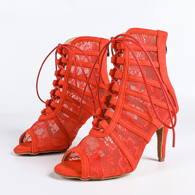 DS Women's Suede Lace Customized Dance Heels Boots Salsa Jazz Dance Shoes