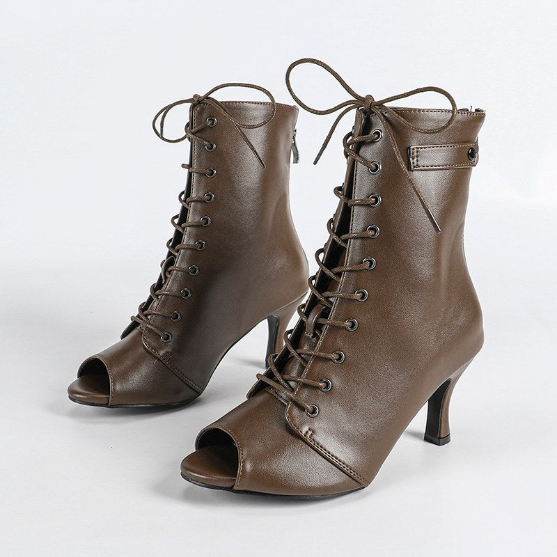 DS Women's Coffe Rubber Sole Leatherette Customized Heel Dance Boots Salsa