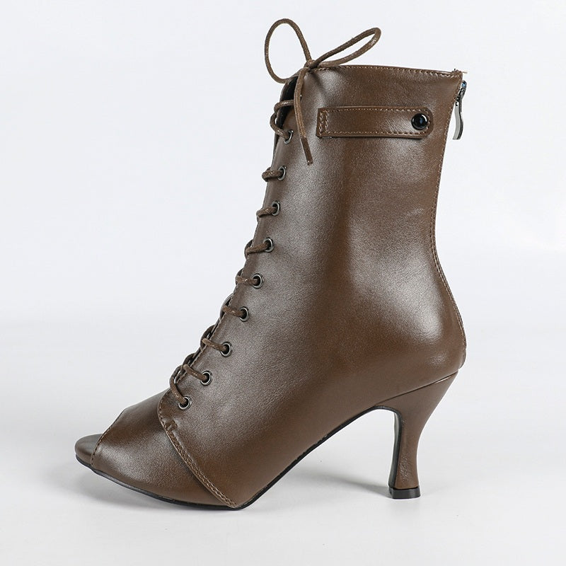 DS Women's Coffe Rubber Sole Leatherette Customized Heel Dance Boots Salsa
