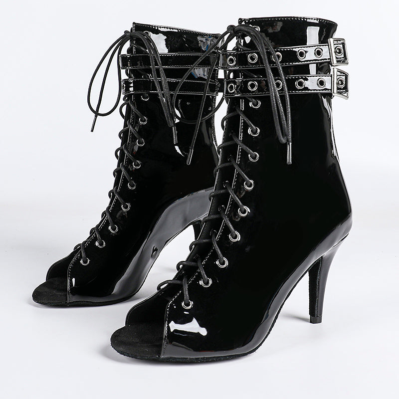 DS Women's Black Leatherette Customized Dance Heels Boots Salsa Jazz Dance Shoes