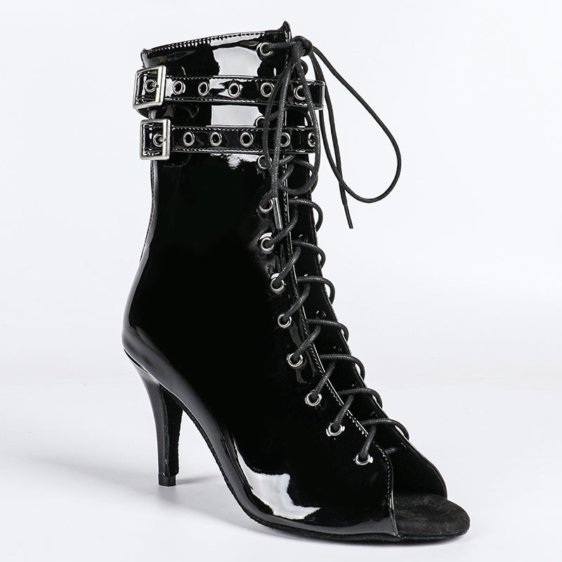 DS Women's Black Leatherette Customized Dance Heels Boots Salsa Jazz Dance Shoes