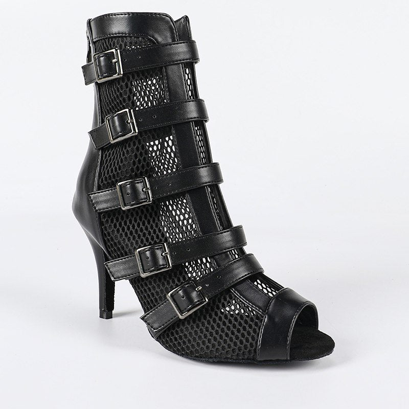 DS Women's Black Leatherette Customized Open Toe Heels Dance Boots Jazz Salsa Dancing Shoes