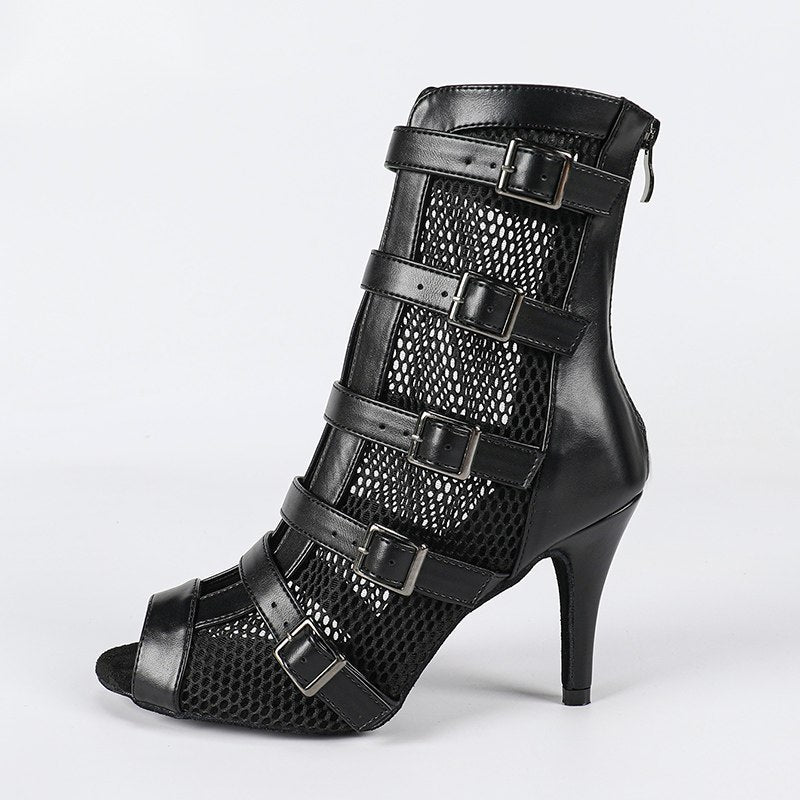 DS Women's Black Leatherette Customized Open Toe Heels Dance Boots Jazz Salsa Dancing Shoes