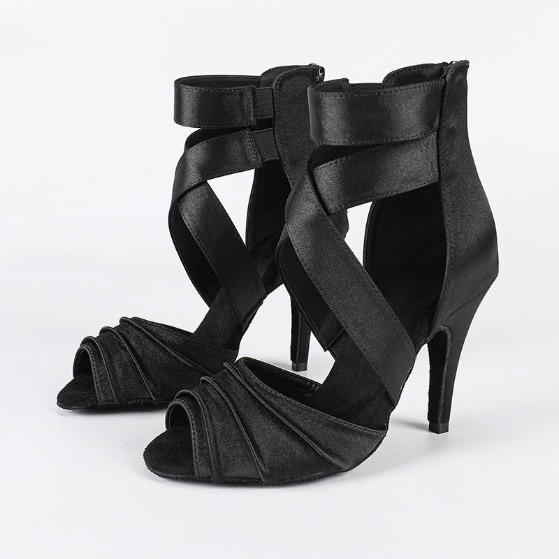 DS Women's Satin Customized Heel Dance Boots Salsa Dancing Shoes