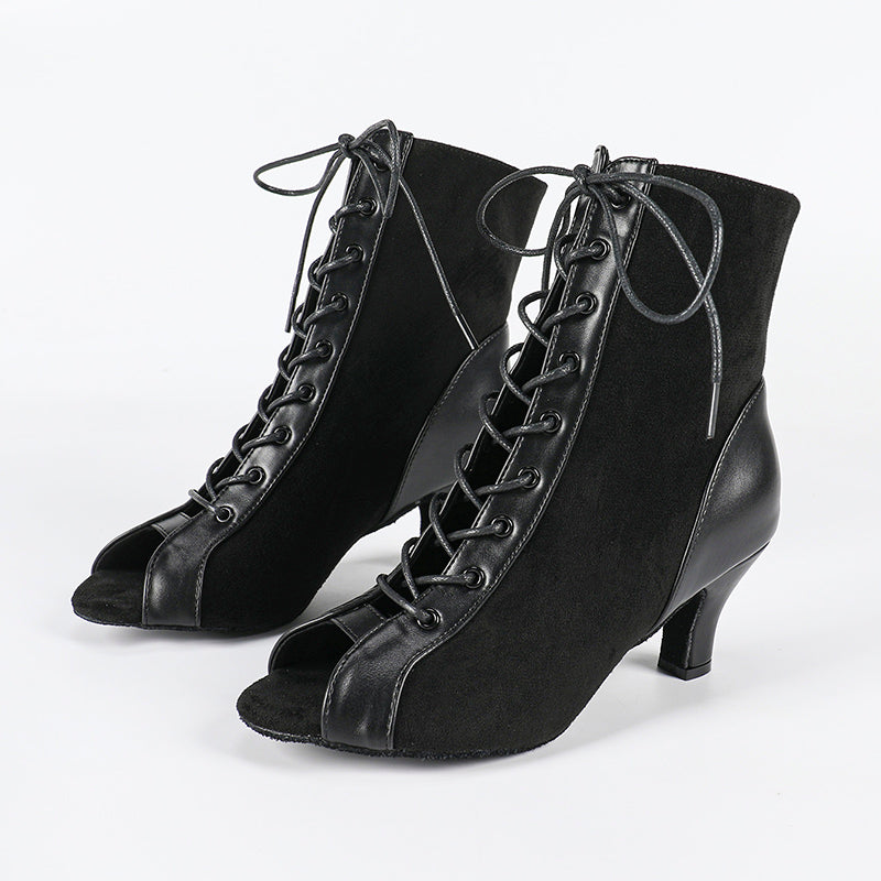 DS Women's Black Real Leather Customized Heel Dance Boots Jazz Salsa Dance Shoes
