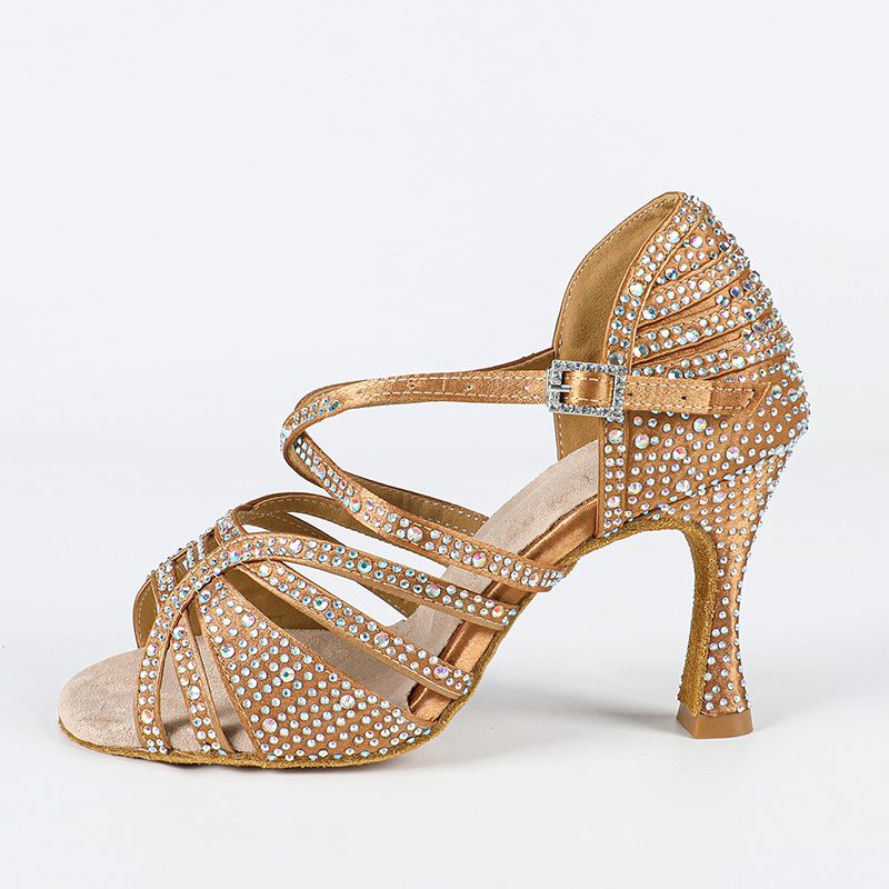 DS Women's Bronze Satin Strappy Rhinestone Customized Heel Ballroom Dance Shoes