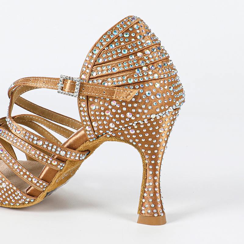 DS Women's Bronze Satin Strappy Rhinestone Customized Heel Ballroom Dance Shoes