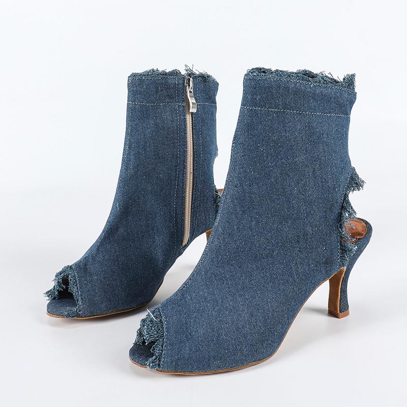 DS Women's Blue Denim Customized Heel Dance Boots Salsa Jazz Dance Shoes