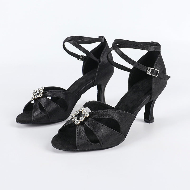 DS Women's Black Satin Customized Heel Latin Dance Shoes Ballroom Dance Shoes