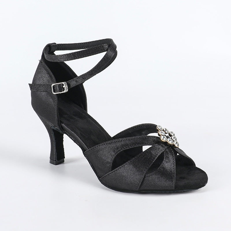 DS Women's Black Satin Customized Heel Latin Dance Shoes Ballroom Dance Shoes