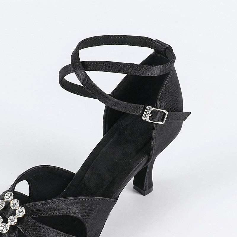 DS Women's Black Satin Customized Heel Latin Dance Shoes Ballroom Dance Shoes