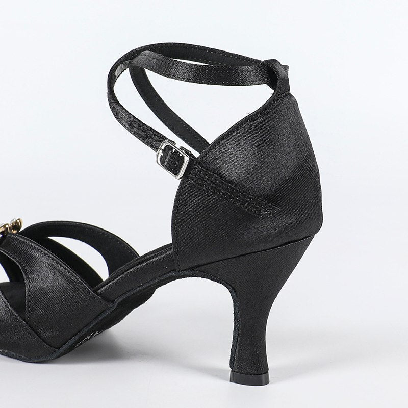 DS Women's Black Satin Customized Heel Latin Dance Shoes Ballroom Dance Shoes