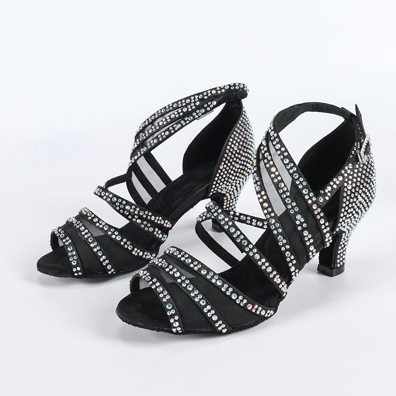DS Women's Black Satin Rhinestone Customized Heel Salsa Latin Dance Shoes