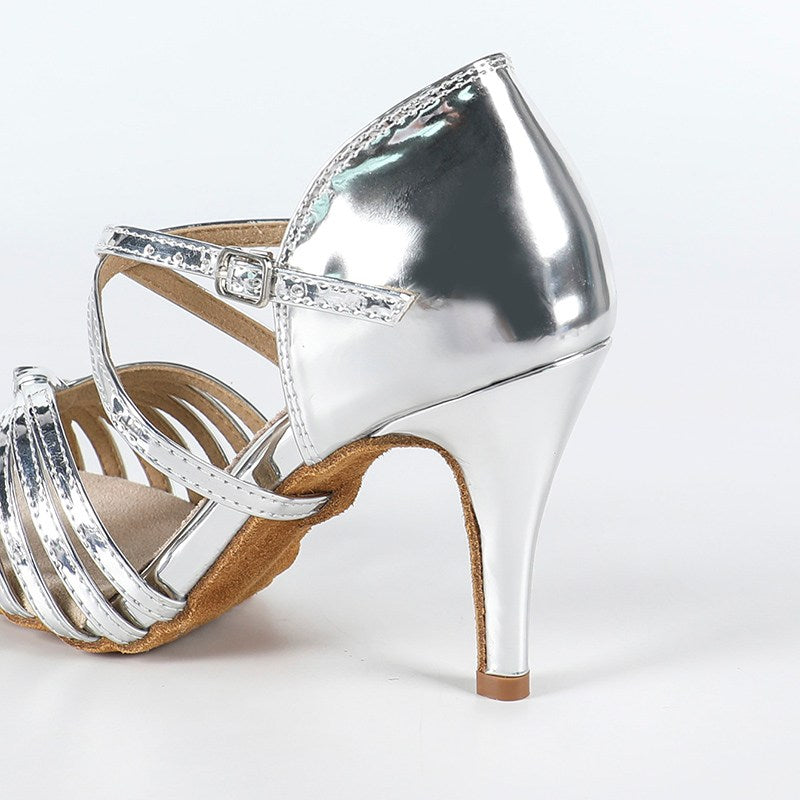 DS Women's Silver PU Customized Heel Latin Shoes Ballroom Dance Shoes