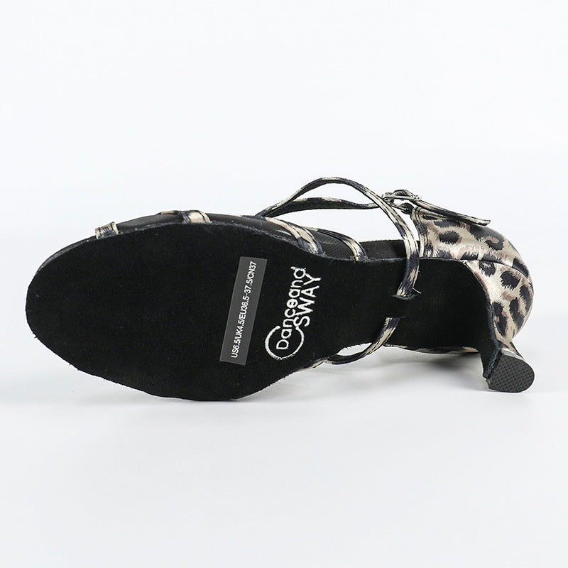 DS Women's Leopard Satin Customized Heel Latin Shoes Ballroom Dance Shoes