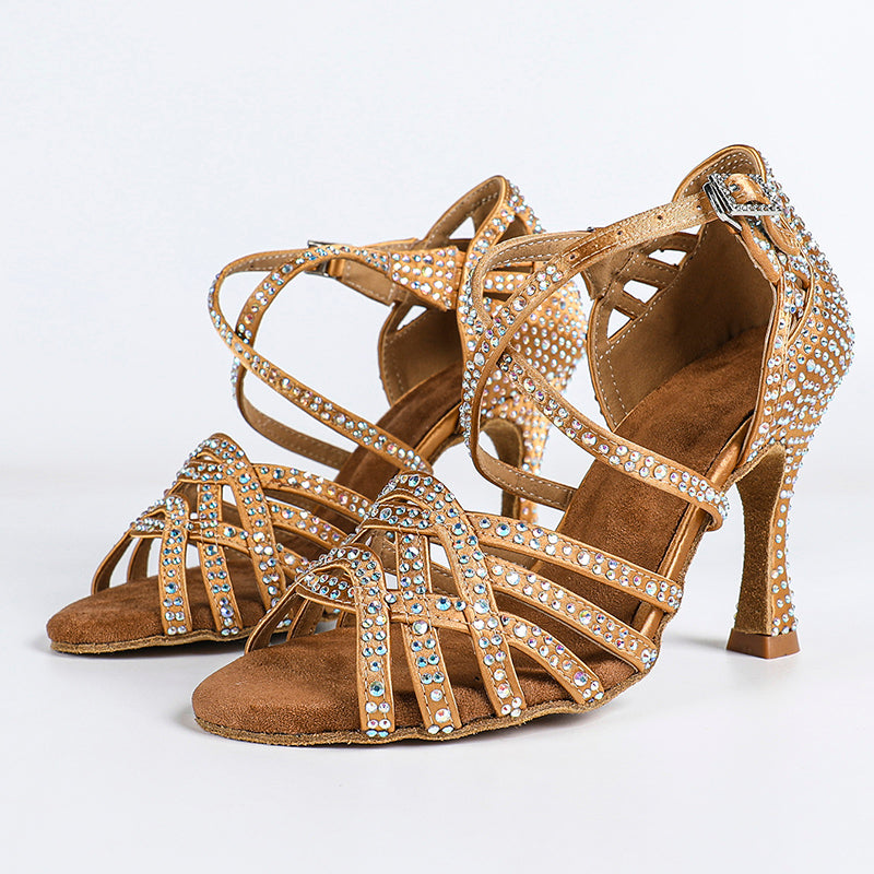 Women's Bronze Customized Heel Satin Rhinestones Strappy Dance Shoes