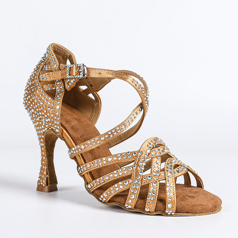 Women's Bronze Customized Heel Satin Rhinestones Strappy Dance Shoes