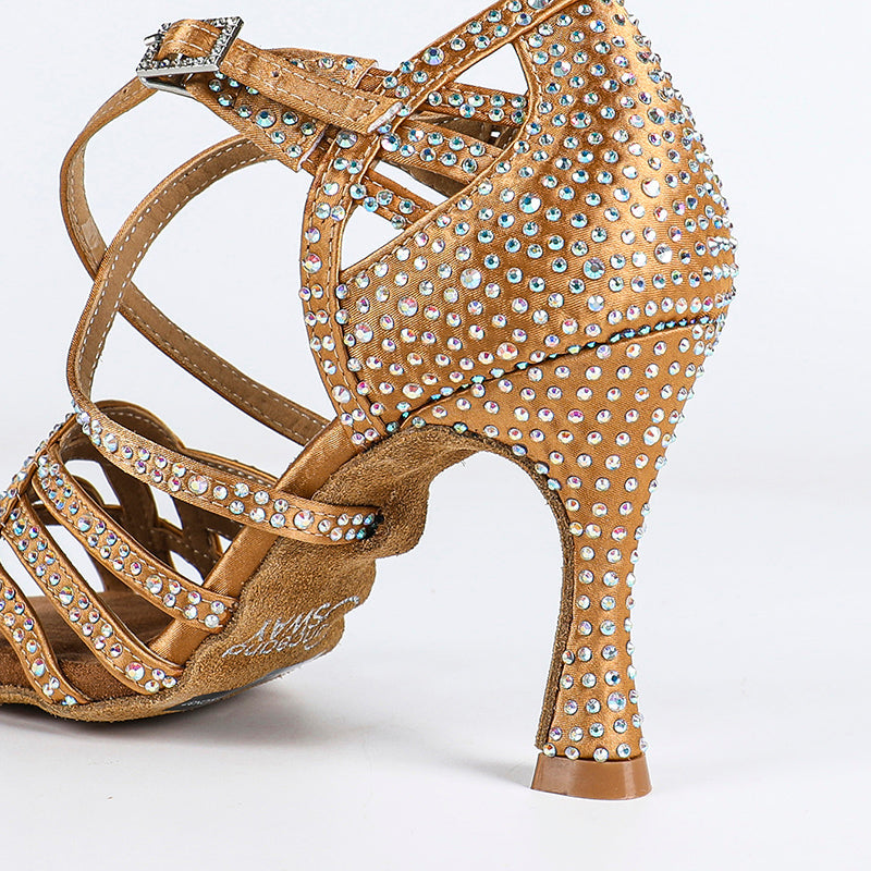 Women's Bronze Customized Heel Satin Rhinestones Strappy Dance Shoes