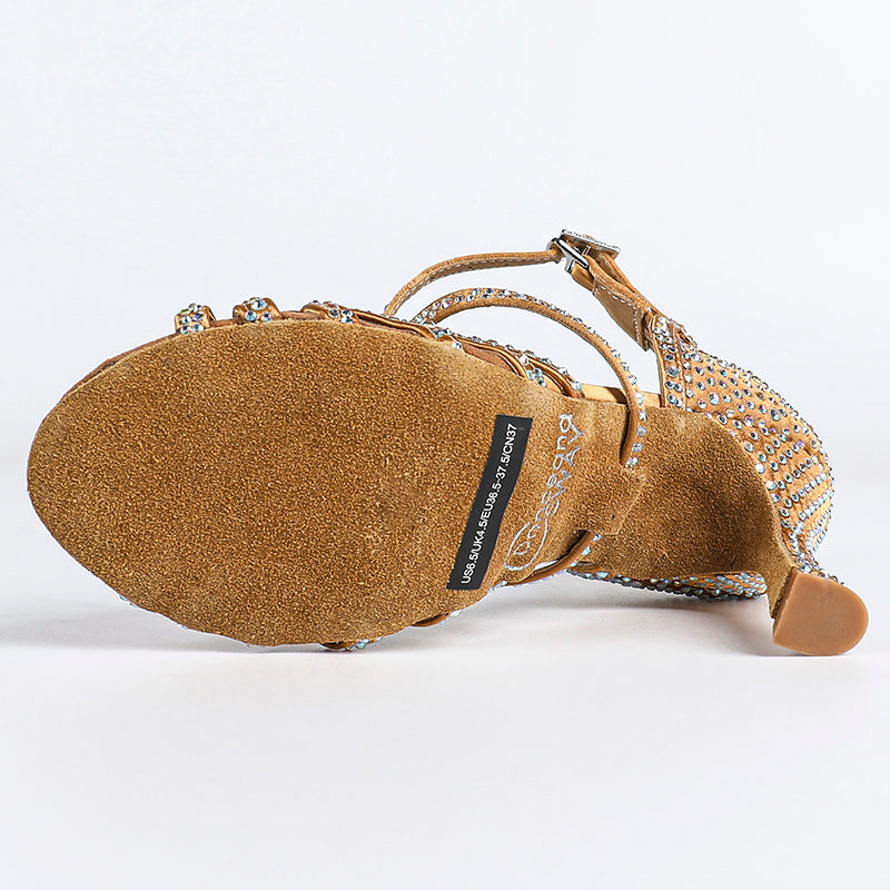 Women's Bronze Customized Heel Satin Rhinestones Strappy Dance Shoes
