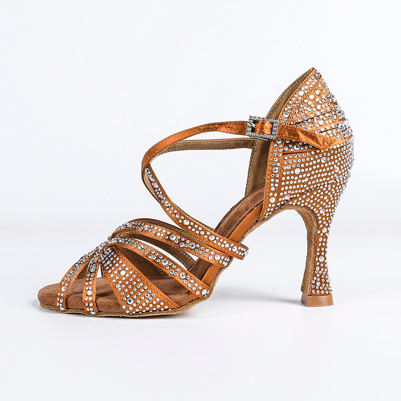 Women's Brown Customized Heel Open Toe Strappy Dance Shoes With Crystals