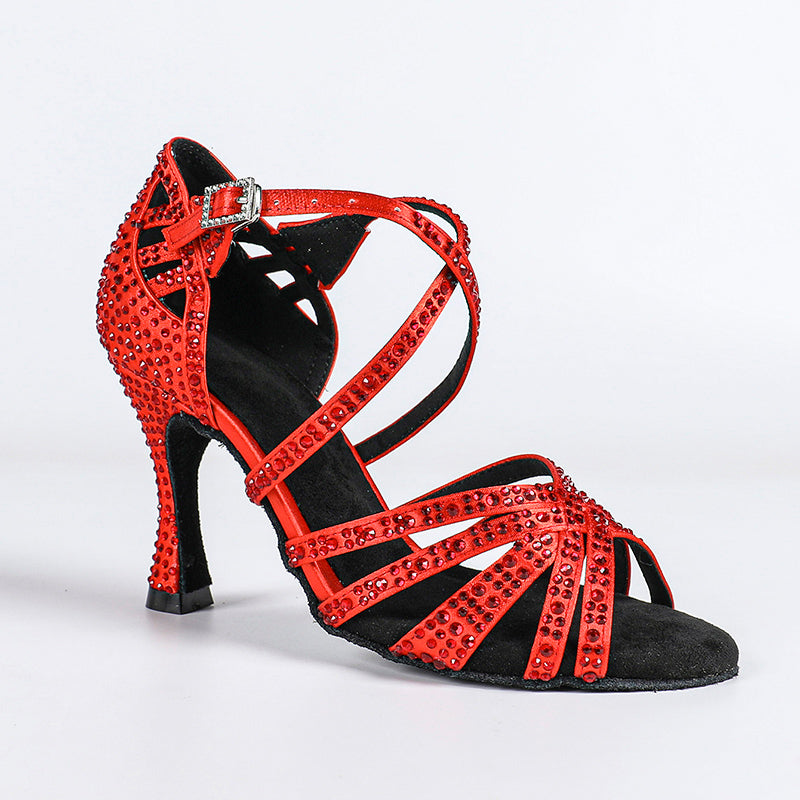 Women's Red Customized Heel Open Toe Strappy Dance Shoes with Crystals