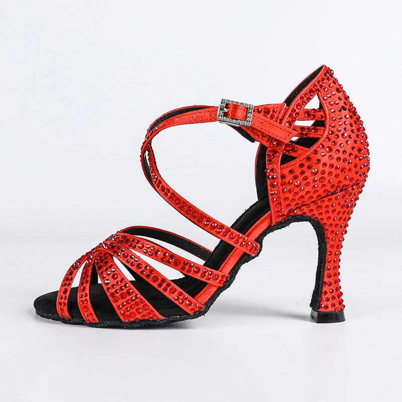Women's Red Customized Heel Open Toe Strappy Dance Shoes with Crystals