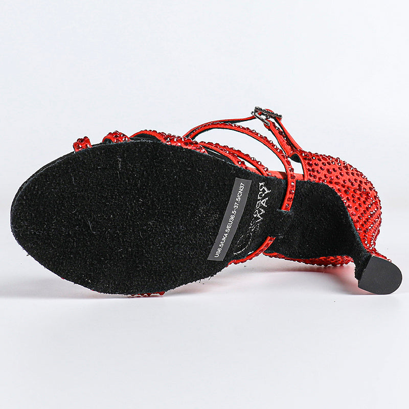 Women's Red Customized Heel Open Toe Strappy Dance Shoes with Crystals